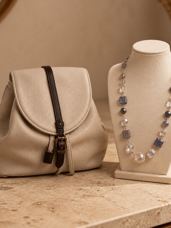 Coach Handbags - Coach RARE vintage Beige Leather Drawstring Backpack & New York & Co Necklace